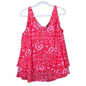 Lane Bryant Womens Blouse Pink/Red White Deep V Neck Sleeveless 14